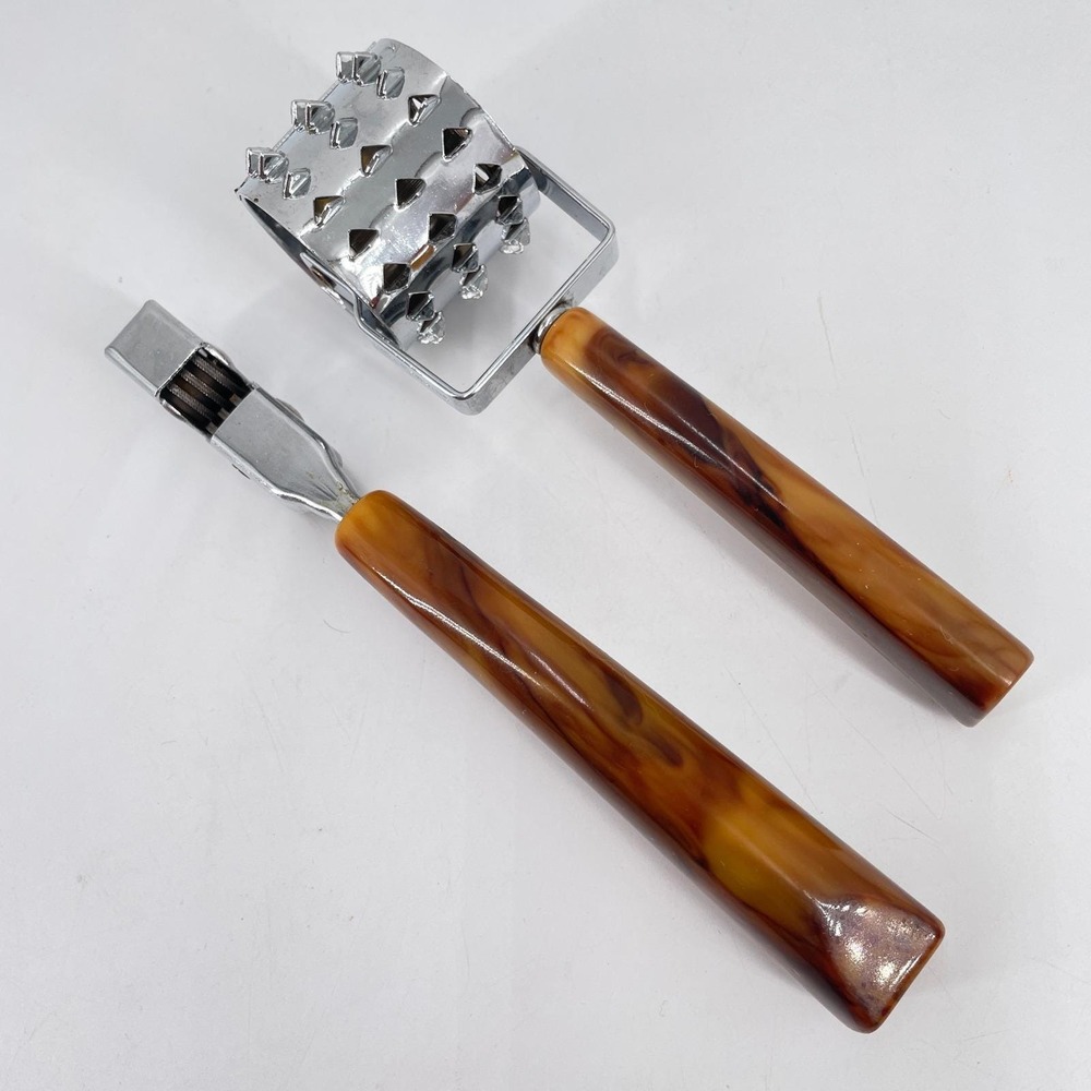 Vtg Bakelite Handle Rolling Meat Tenderizer Knife Sharpener Set Marbled